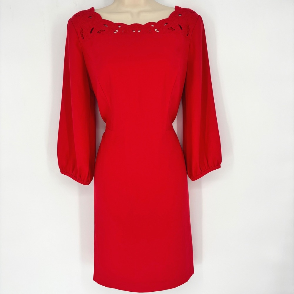 Talbots Petites Red Scalloped Eyelet Neckline Sheath Dress 6P 3/4 Bishop Sleeve